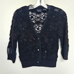 Kersh Vintage  Black Hand Knit Crochet Women's Sz L Open Button Sweater